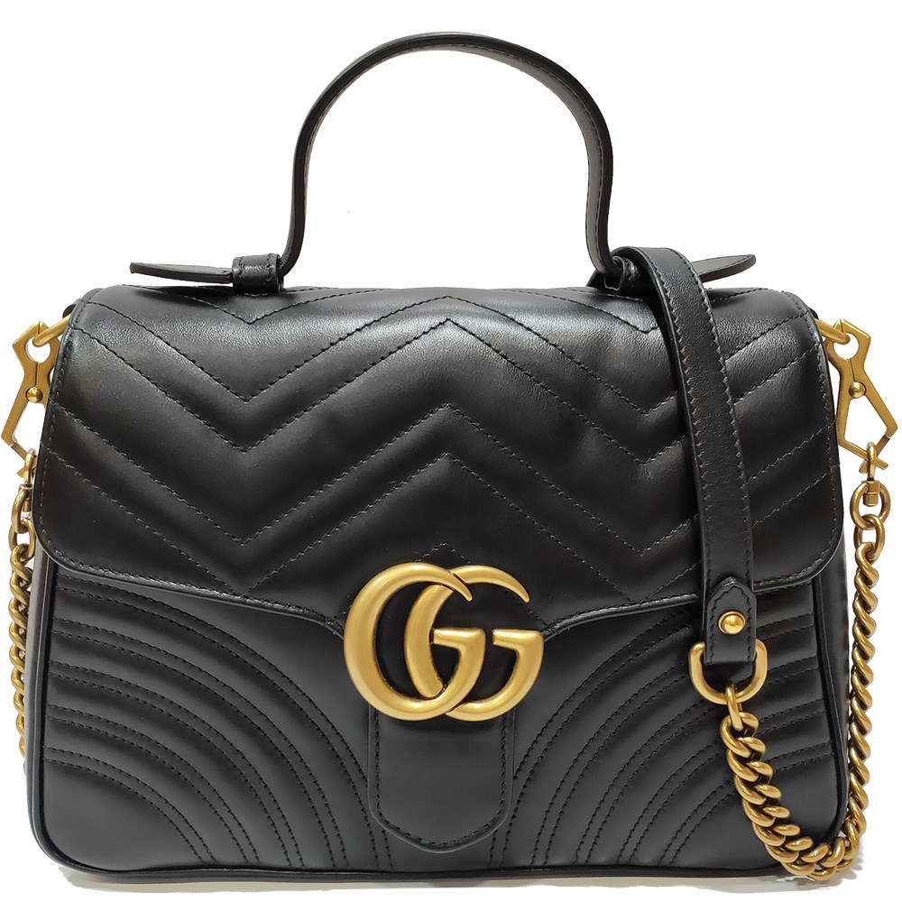 【GUCCI 】498110 Marmont 仿舊金色 LOGO牛皮暗釦手提/斜背包(黑色)