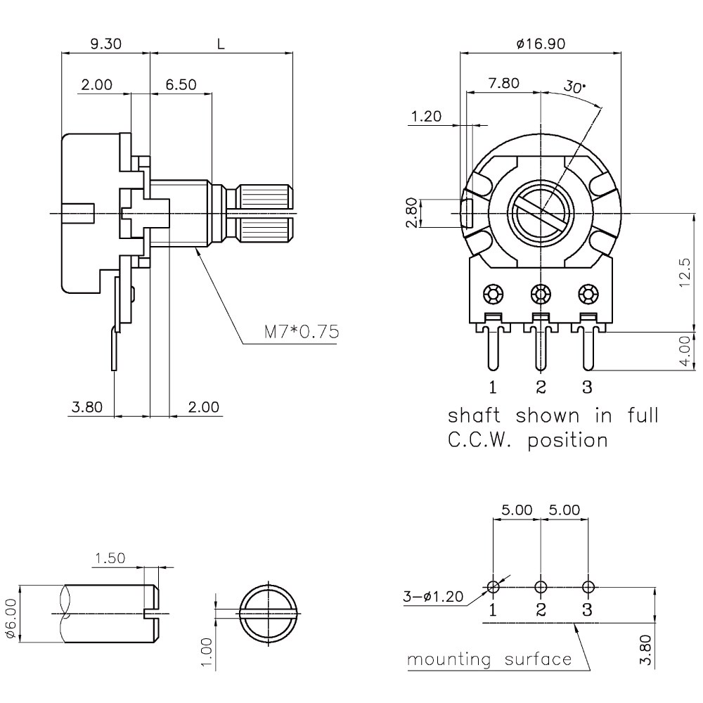 16M/M 金屬軸 碳膜 B型 插板式 單聯 可變電阻 50KΩ 軸長20MM