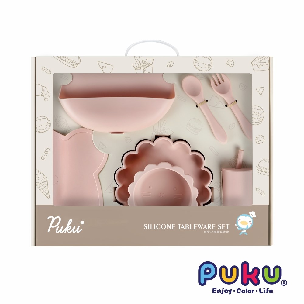 PUKU藍色企鵝 蒔蘿鉑金矽膠餐具禮盒7件組