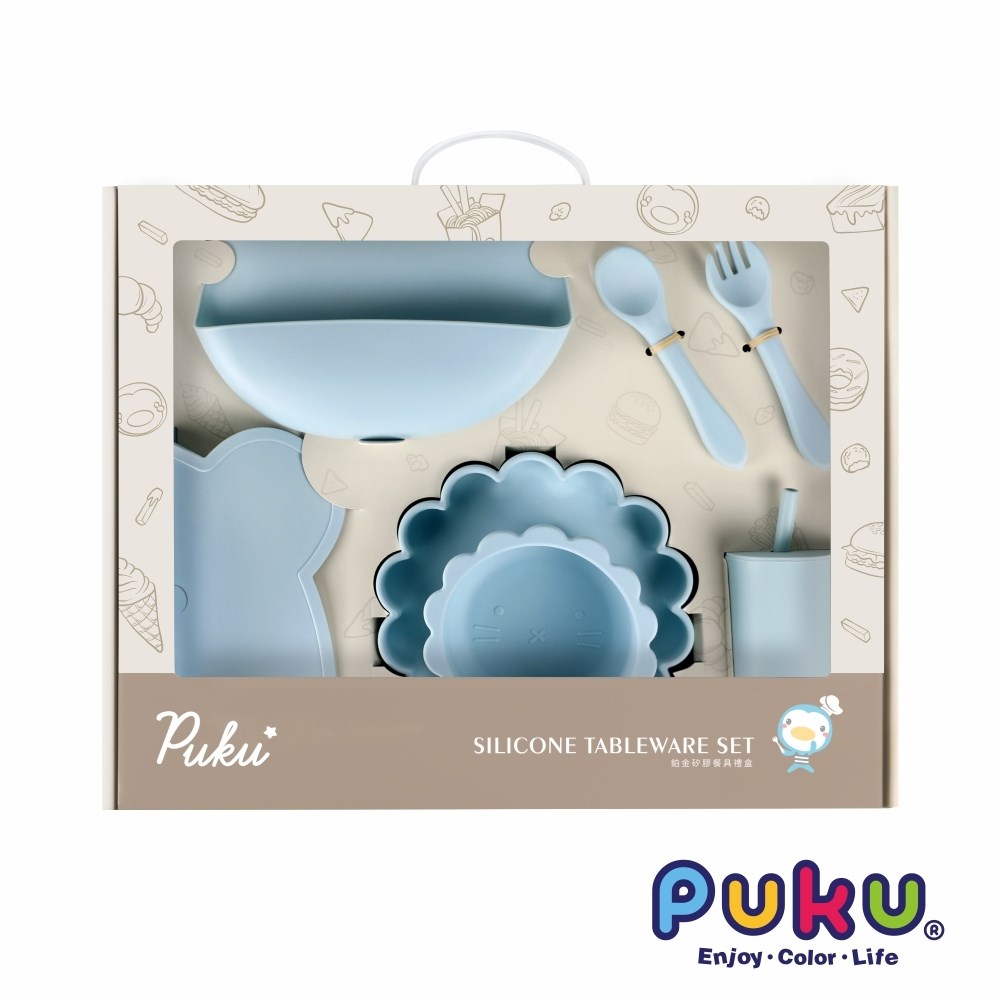 PUKU藍色企鵝 蒔蘿鉑金矽膠餐具禮盒7件組
