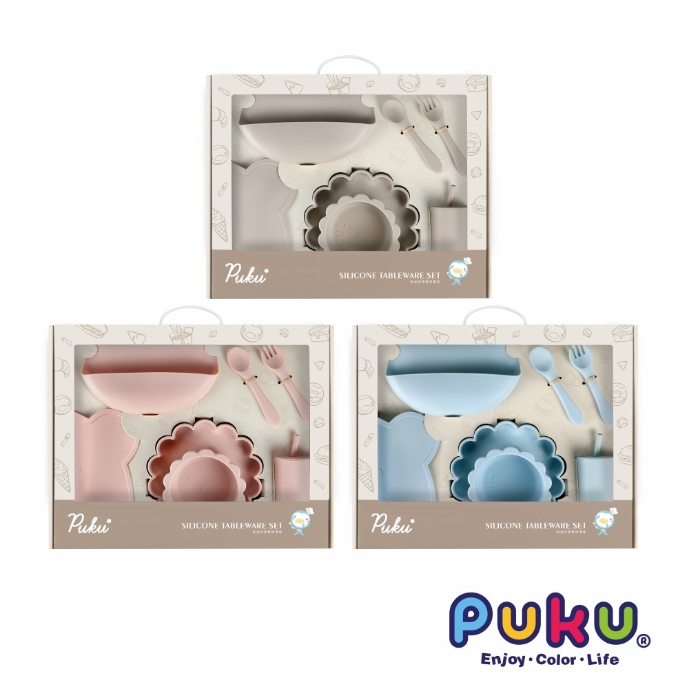 PUKU藍色企鵝 蒔蘿鉑金矽膠餐具禮盒7件組