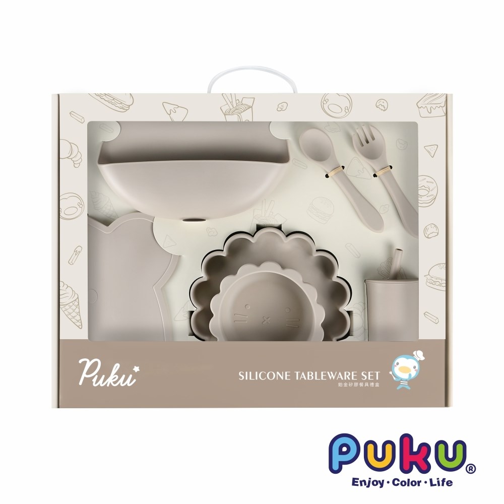 PUKU藍色企鵝 蒔蘿鉑金矽膠餐具禮盒7件組
