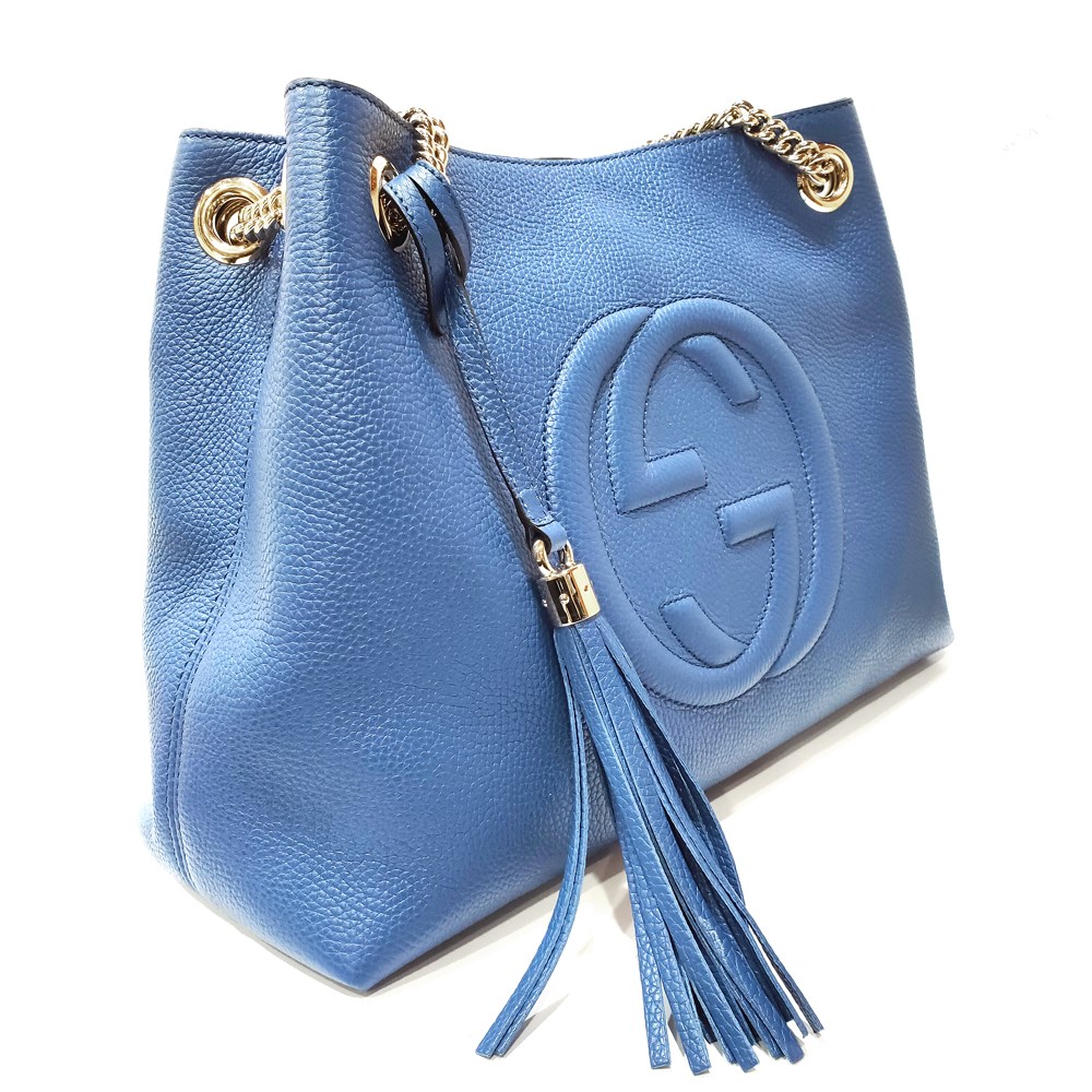 【GUCCI 】536196 SOHO雙G LOGO 流蘇雙鍊手提/肩背包(藍色)