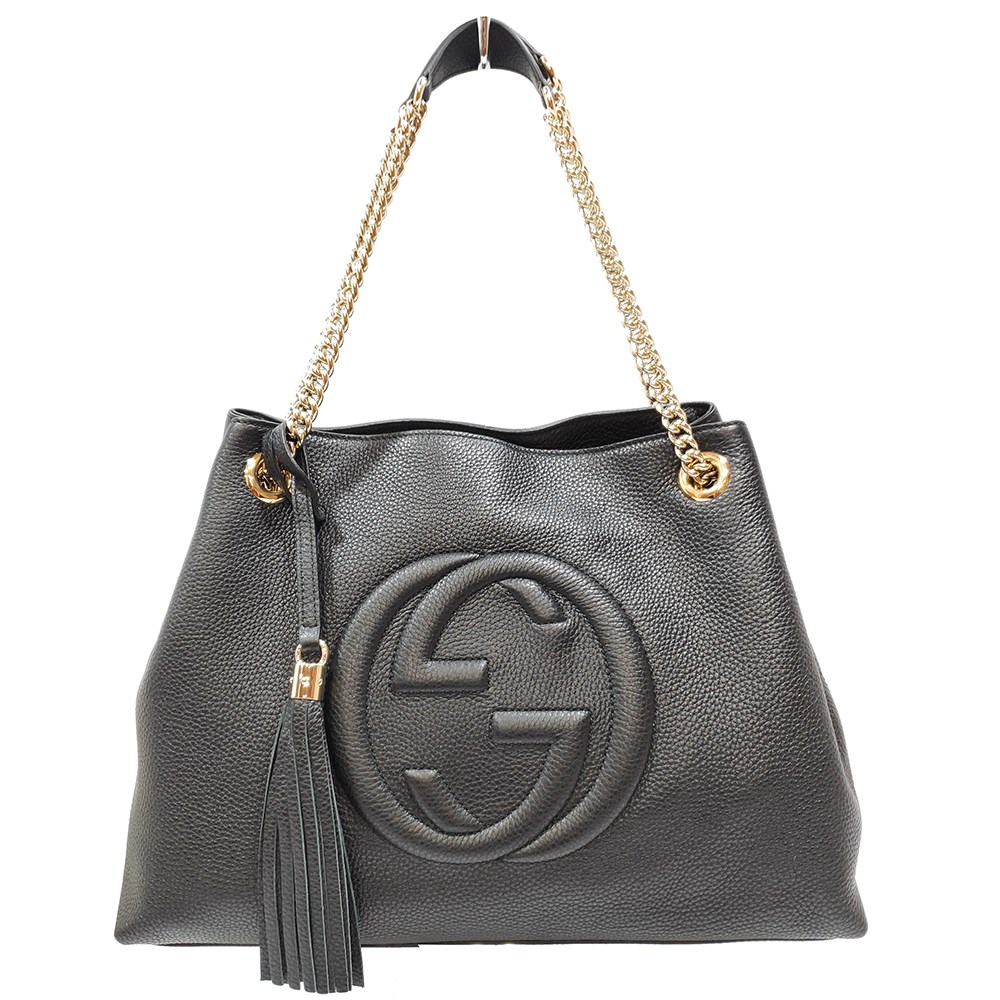 【GUCCI 】536196 SOHO雙G LOGO 流蘇雙鍊手提/肩背包(黑色)