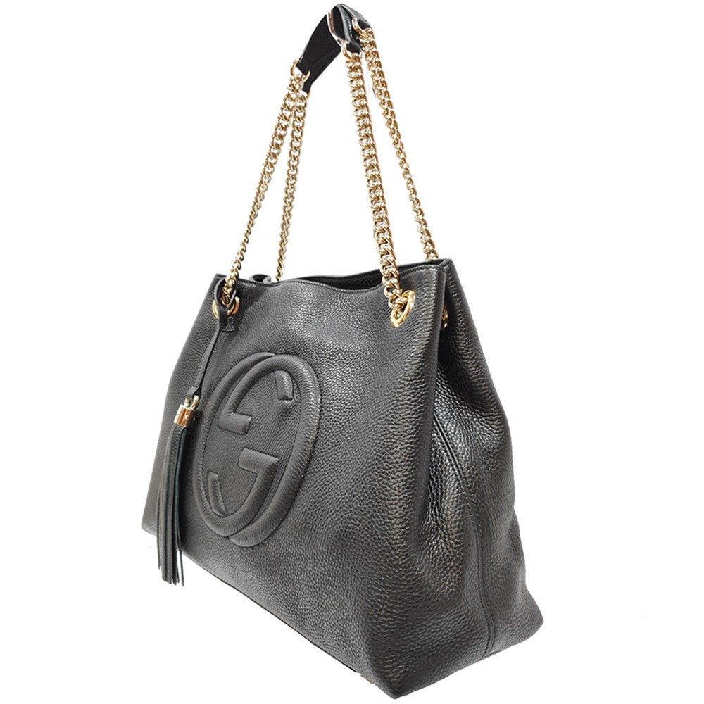 【GUCCI 】536196 SOHO雙G LOGO 流蘇雙鍊手提/肩背包(黑色)