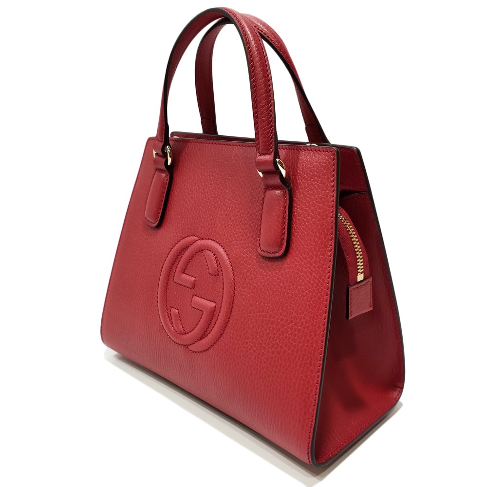 【GUCCI 】607722 經典大雙G LOGO牛皮手提兩用包(紅色)