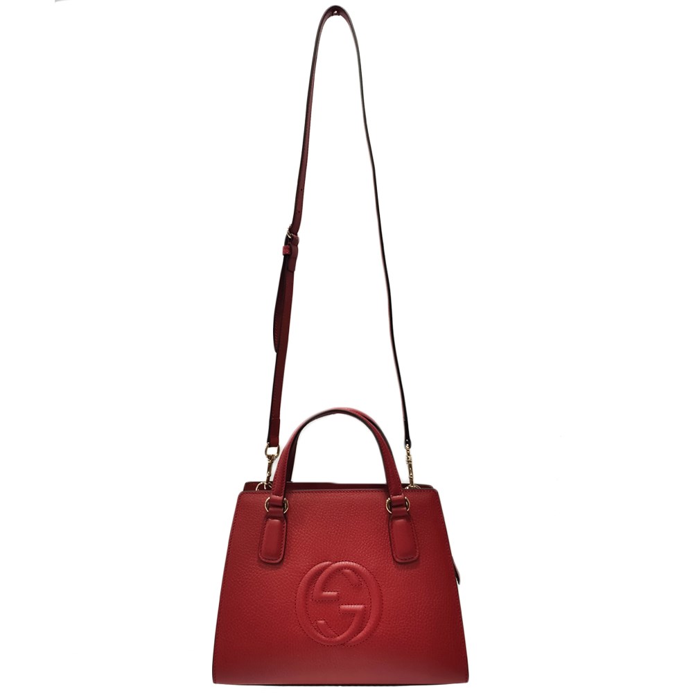 【GUCCI 】607722 經典大雙G LOGO牛皮手提兩用包(紅色)