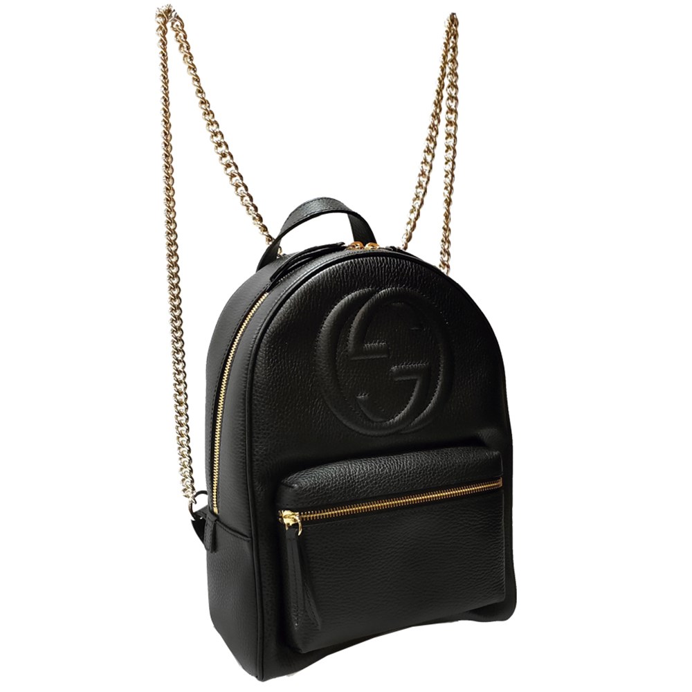 【GUCCI 】536192 SOHO經典GG LOGO牛皮金鍊後背包(黑色)