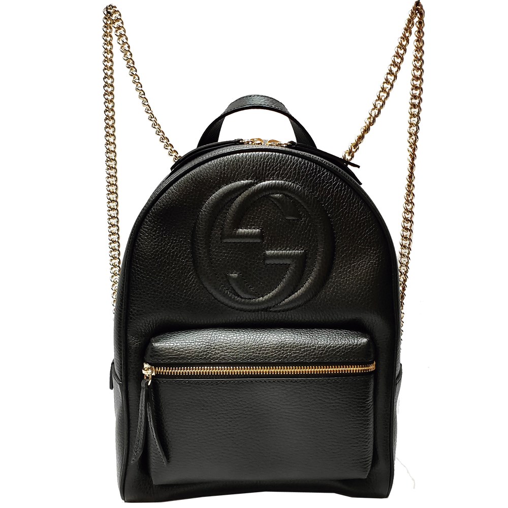 【GUCCI 】536192 SOHO經典GG LOGO牛皮金鍊後背包(黑色)