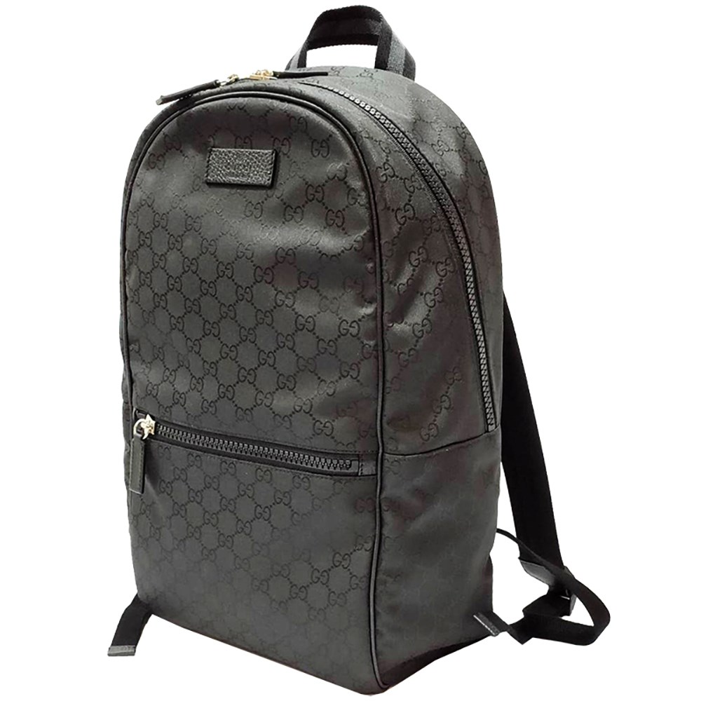 【GUCCI 】449181 經典雙G緹花緞面皮飾邊厚棉後背包(黑色)