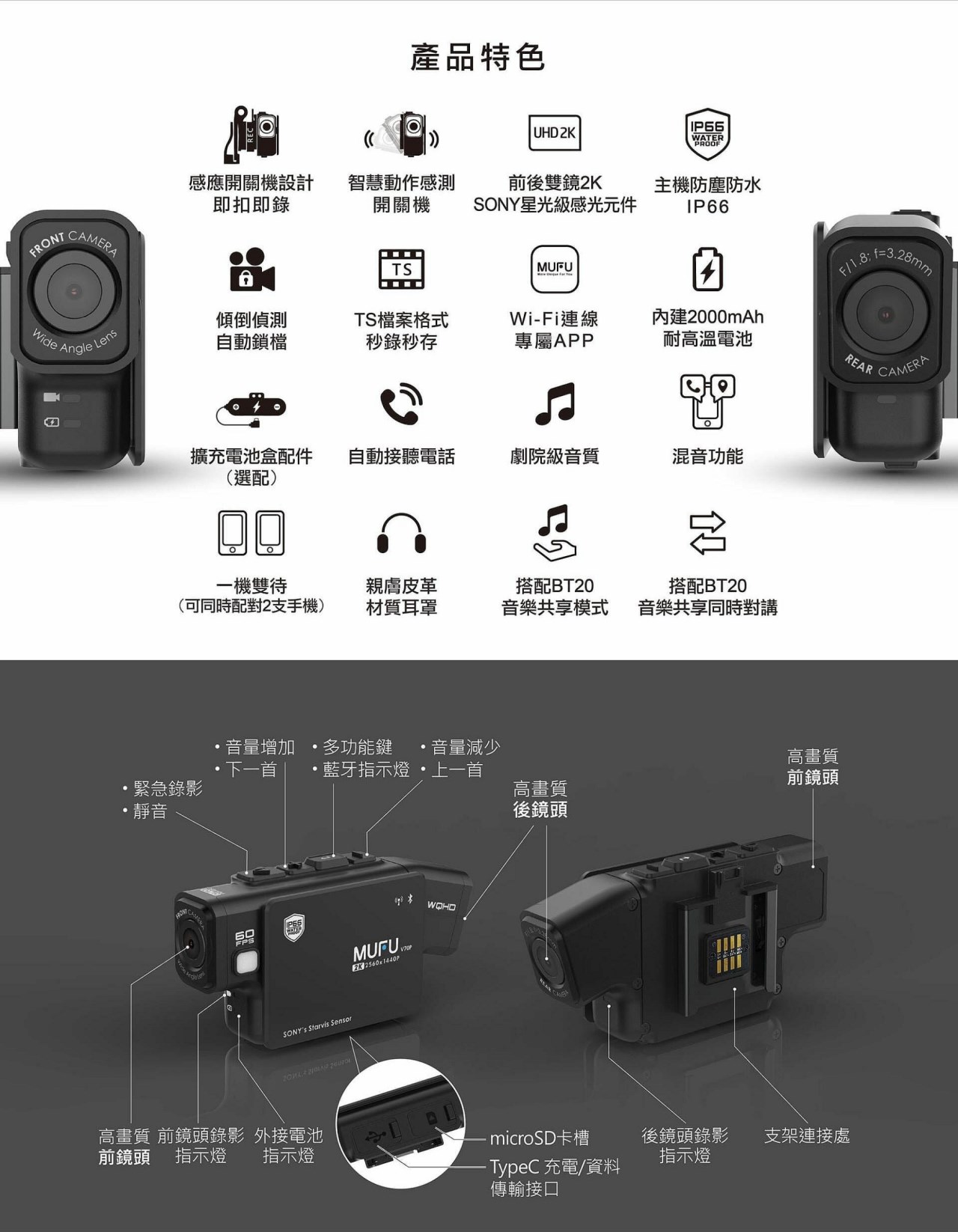 《遠古騎士》MUFU V70P衝鋒機 雙鏡頭機車行車記錄器 藍芽 2K HDR