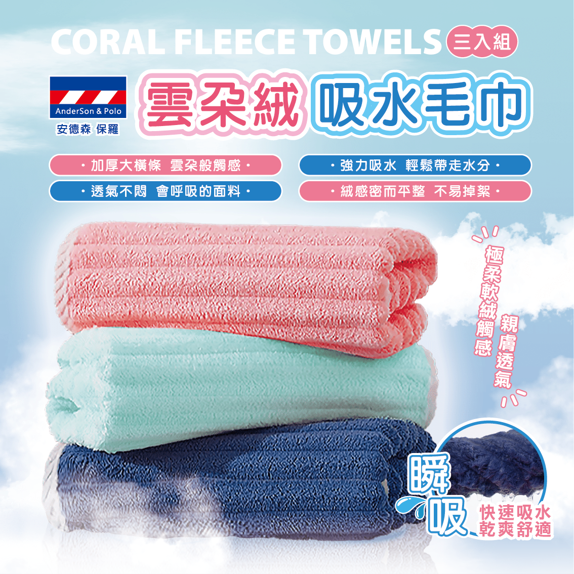 【安德森 保羅】雲朵絨 吸水毛巾 三入組