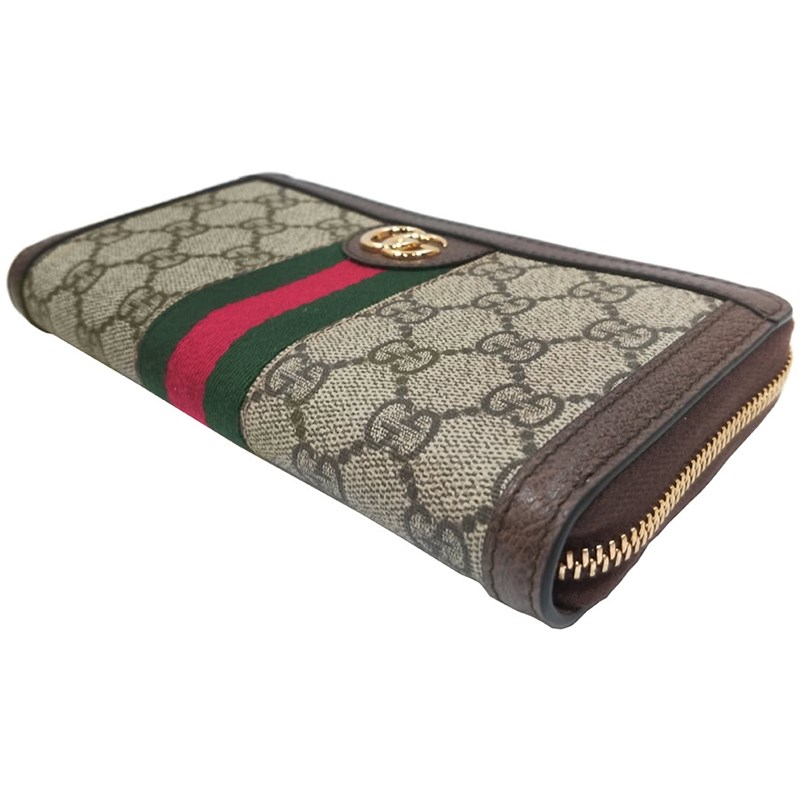 【GUCCI 】523154 經典Ophidia GG 印花雙色織帶皮革飾邊拉鍊長夾(棕色)
