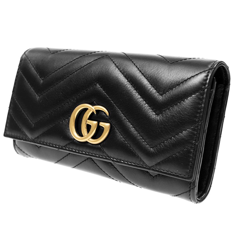 【GUCCI 】443436 GG Marmont絎縫紋牛皮金屬雙G LOGO長夾