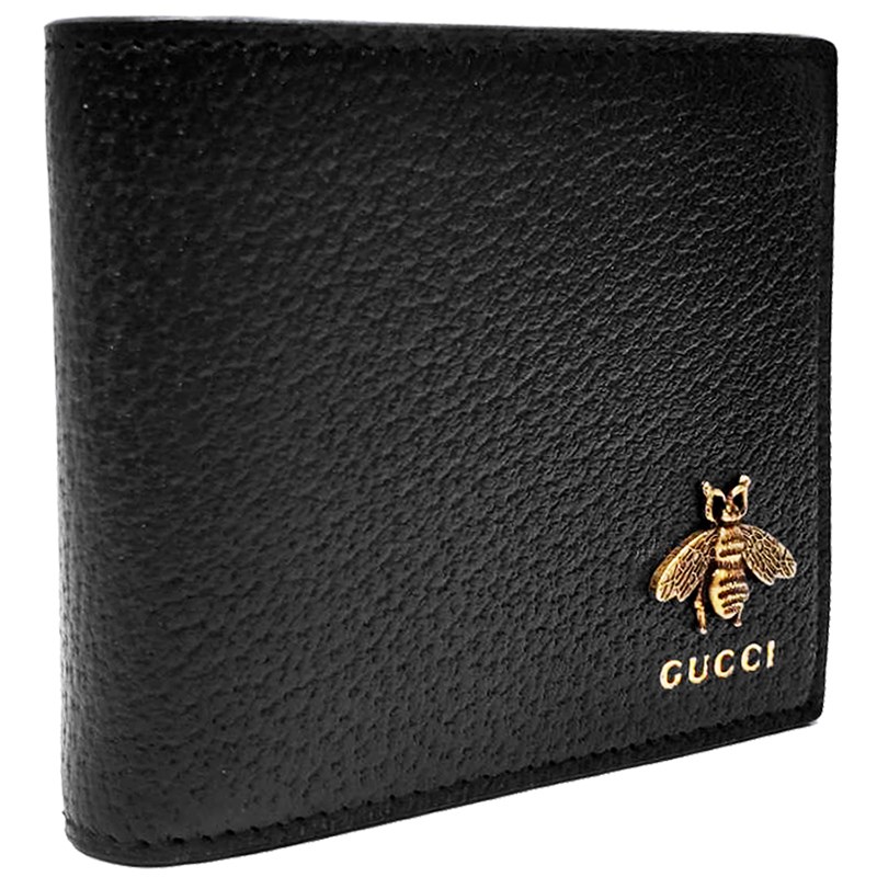 【GUCCI 】523664  經典Animalier系列皮革蜜蜂裝飾對開8卡短夾(黑色)