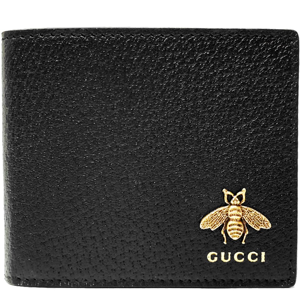 【GUCCI 】523664  經典Animalier系列皮革蜜蜂裝飾對開8卡短夾(黑色)