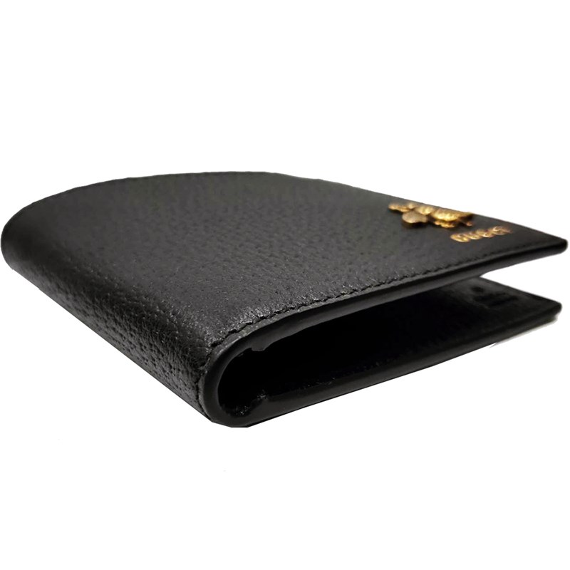 【GUCCI 】523664  經典Animalier系列皮革蜜蜂裝飾對開8卡短夾(黑色)