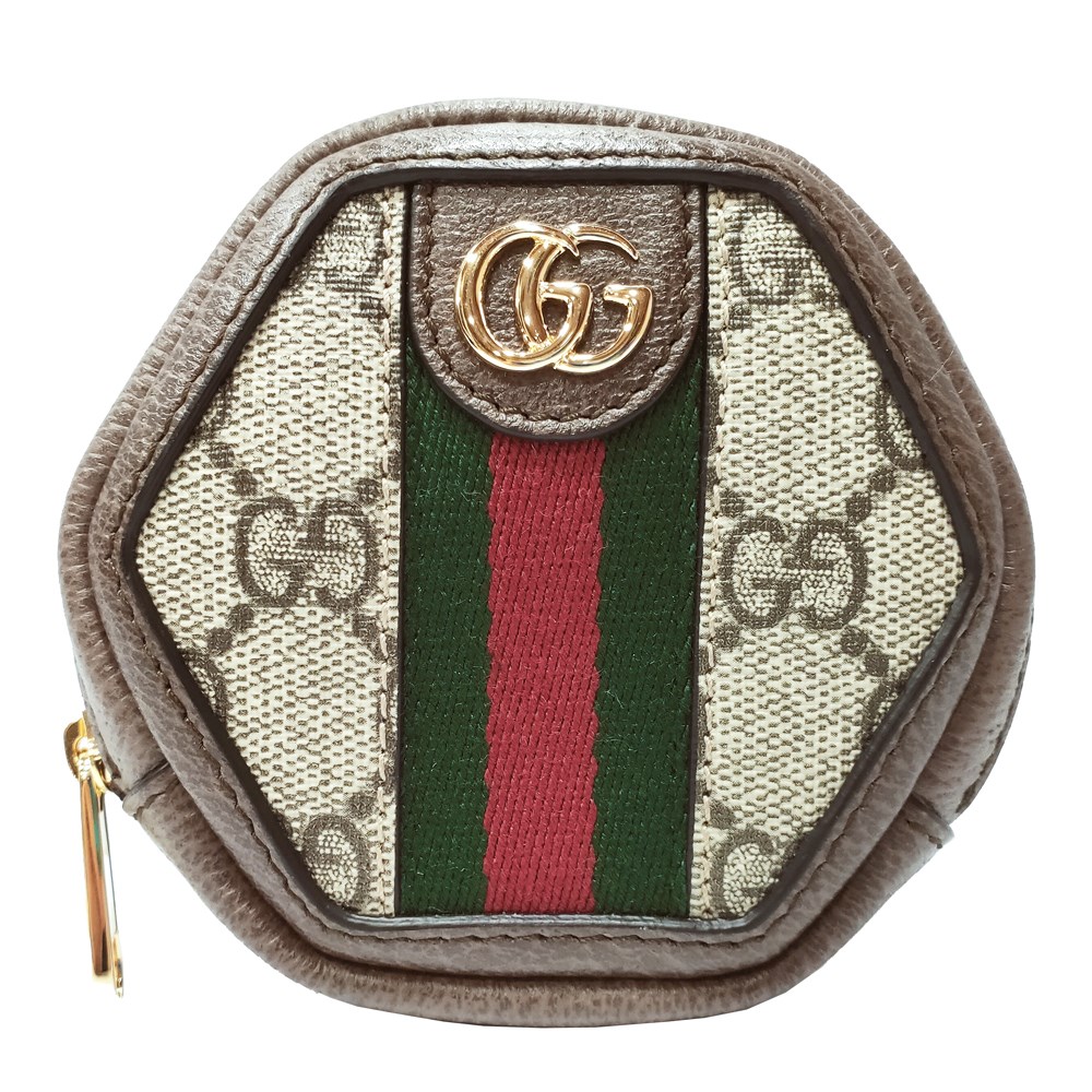 【GUCCI 】645122 經典Ophidia系列帆布印花皮革飾邊繫帶萬用零錢包/鑰匙包(棕色)