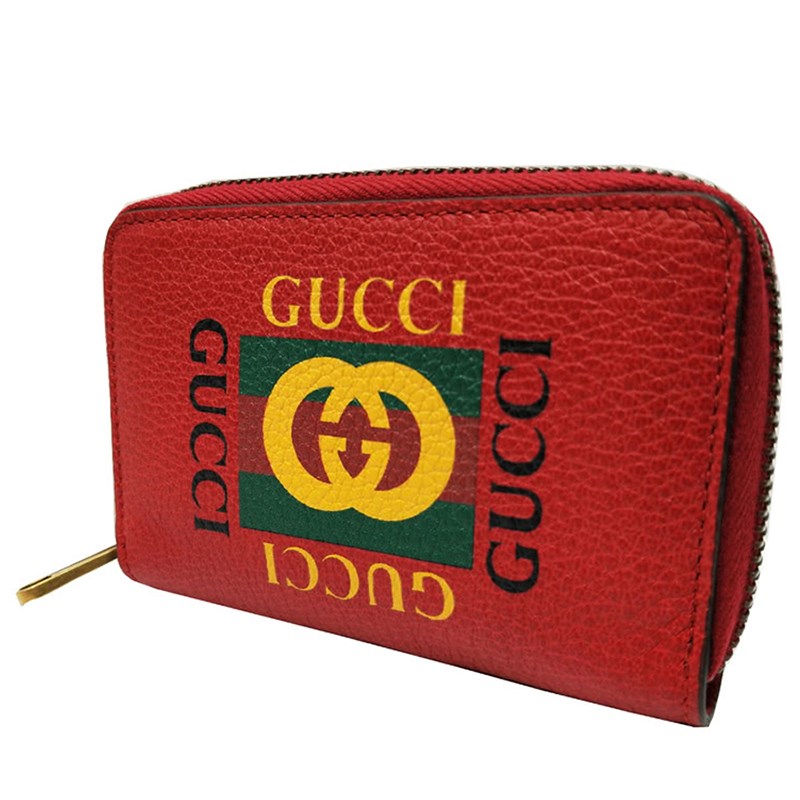 【GUCCI 】496319 復古風格綠紅綠標誌小牛皮拉鍊卡夾/零錢包(紅色)