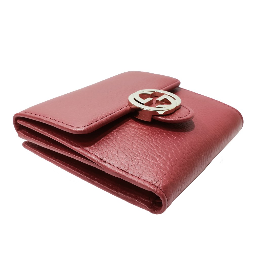 【GUCCI】615525 金屬雙G Logo牛皮暗釦短夾(紅色)