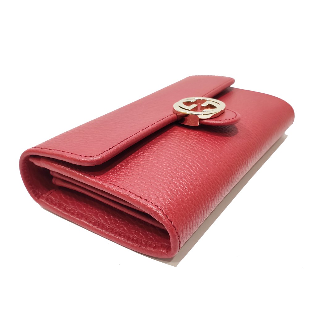 【GUCCI 】615524 經典GG金屬LOGO荔枝紋牛皮暗釦長夾(紅色)