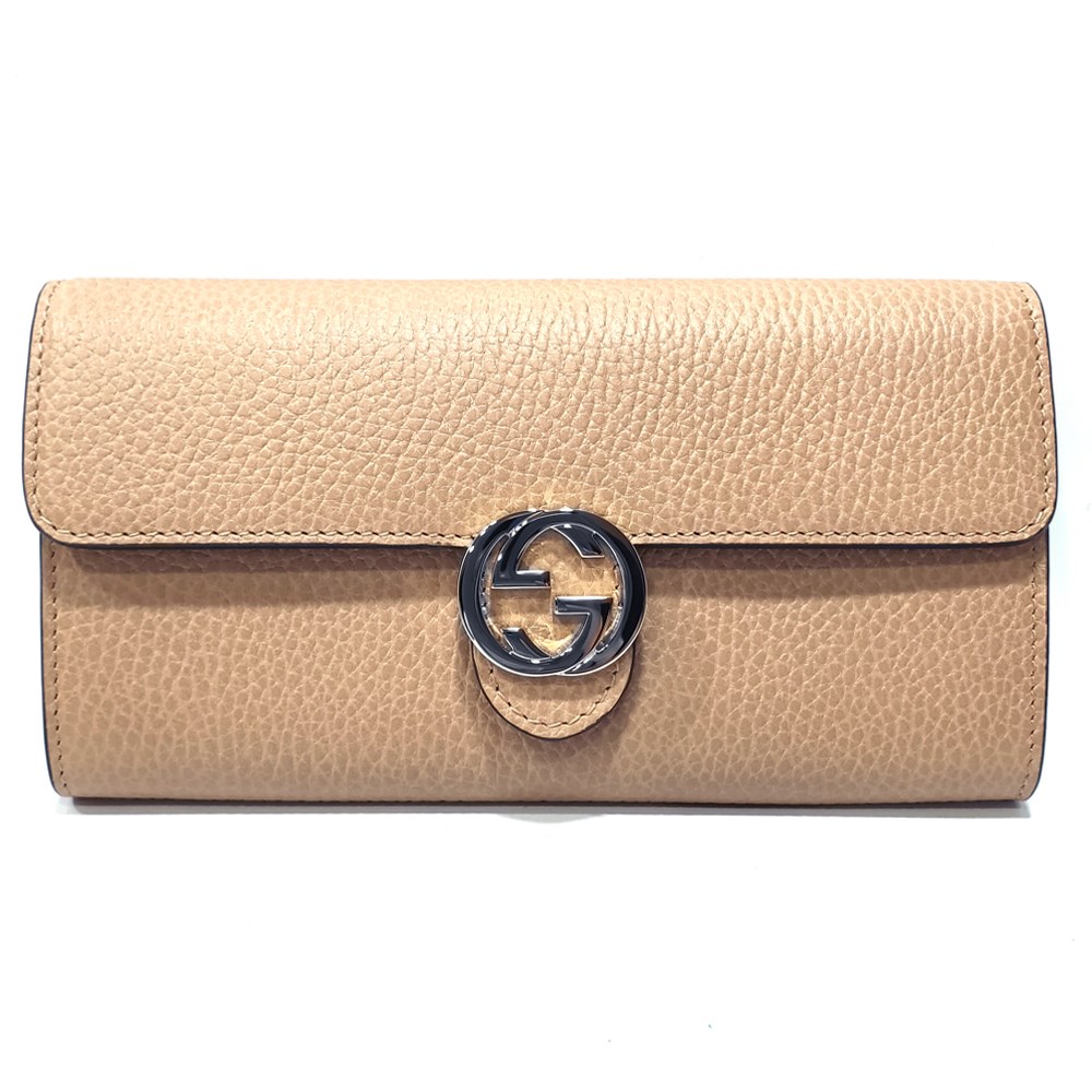 【GUCCI 】615524 經典GG金屬LOGO荔枝紋牛皮暗釦長夾(膚色)