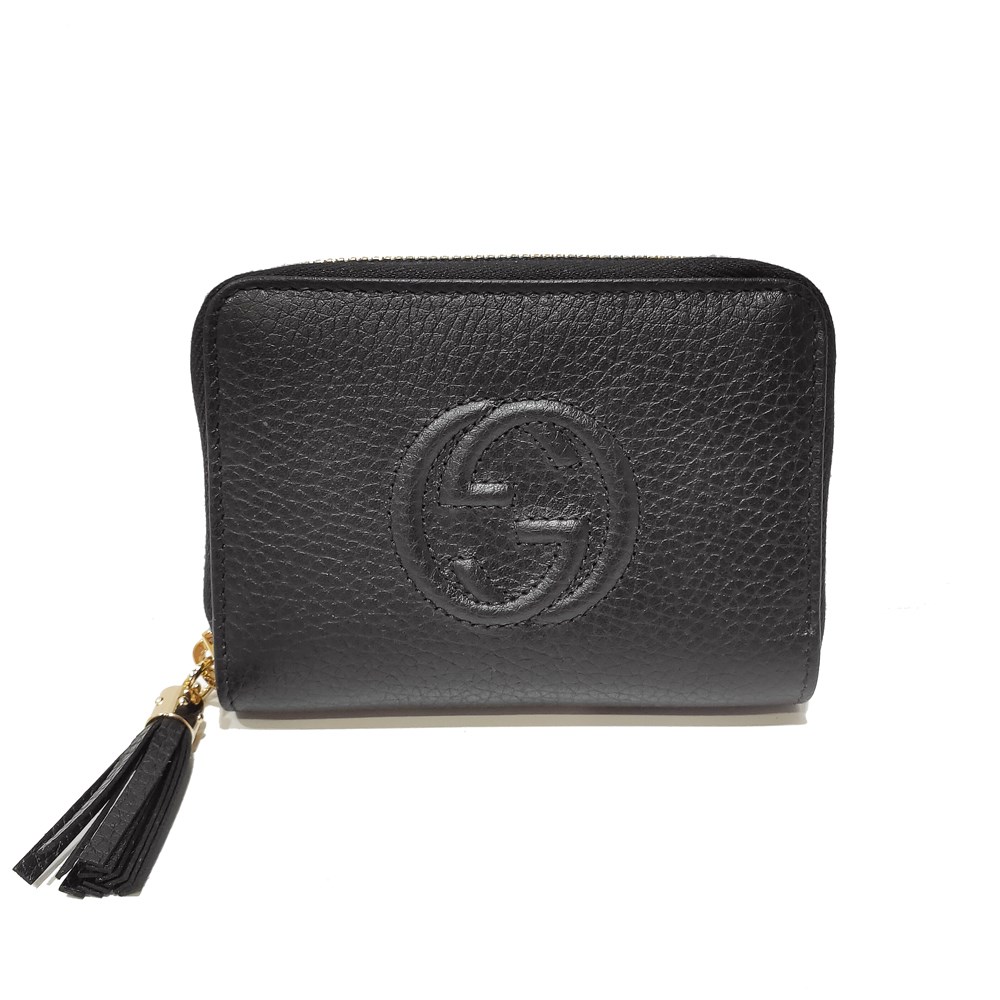 【GUCCI 】598209 SOHO 大雙G LOGO牛皮拉鍊零錢短夾(黑色)