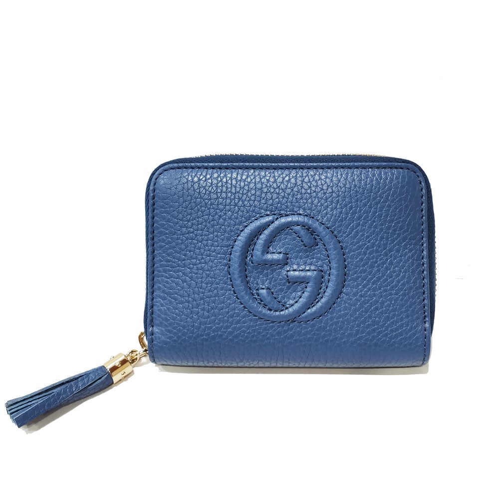 【GUCCI 】598209 SOHO 大雙G LOGO牛皮拉鍊零錢短夾(藍色)