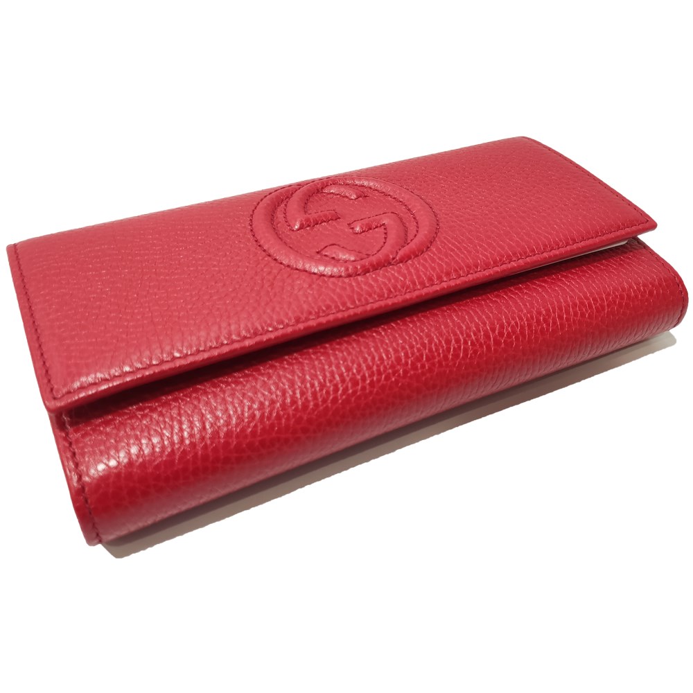 【GUCCI 】598206 經典雙G SOHO系列荔枝紋牛皮扣式翻蓋長夾(紅色)