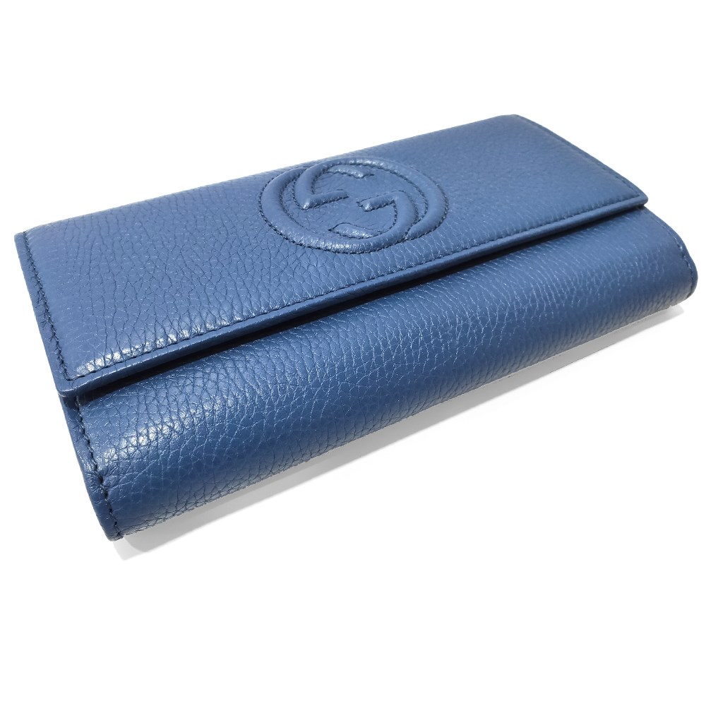 【GUCCI 】598206 經典雙G SOHO系列荔枝紋牛皮扣式翻蓋長夾(藍色)