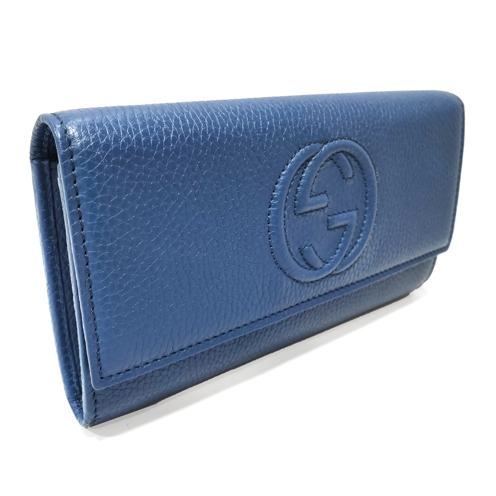【GUCCI 】598206 經典雙G SOHO系列荔枝紋牛皮扣式翻蓋長夾(藍色)