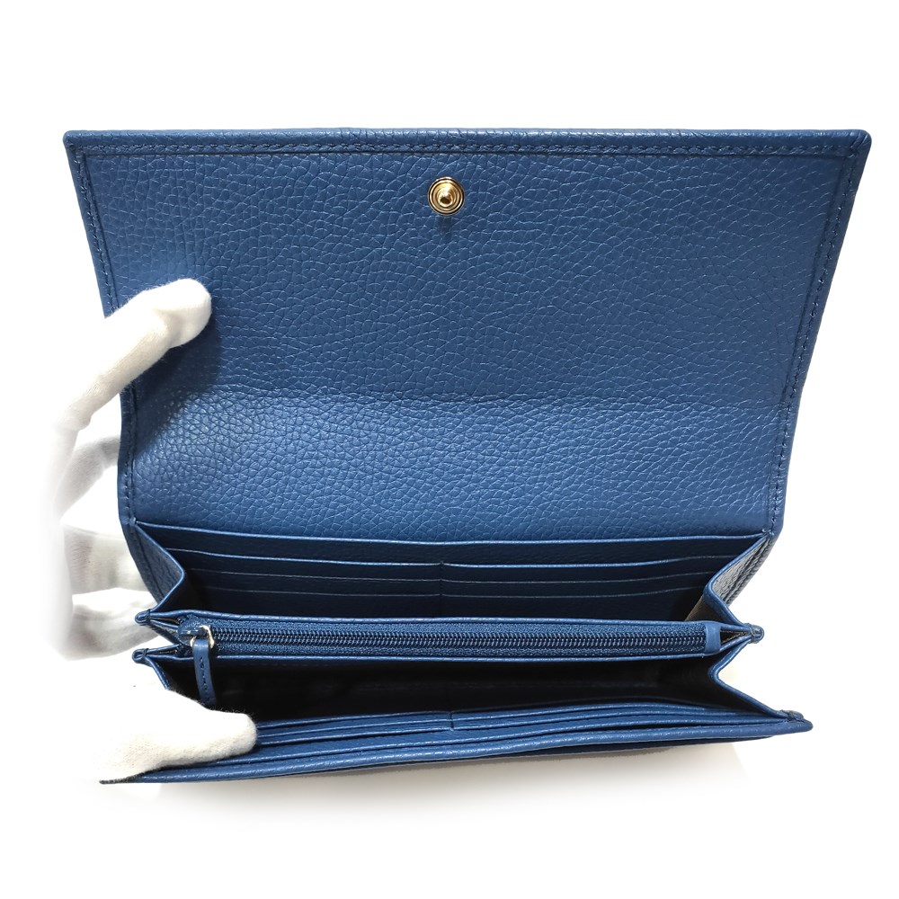 【GUCCI 】598206 經典雙G SOHO系列荔枝紋牛皮扣式翻蓋長夾(藍色)