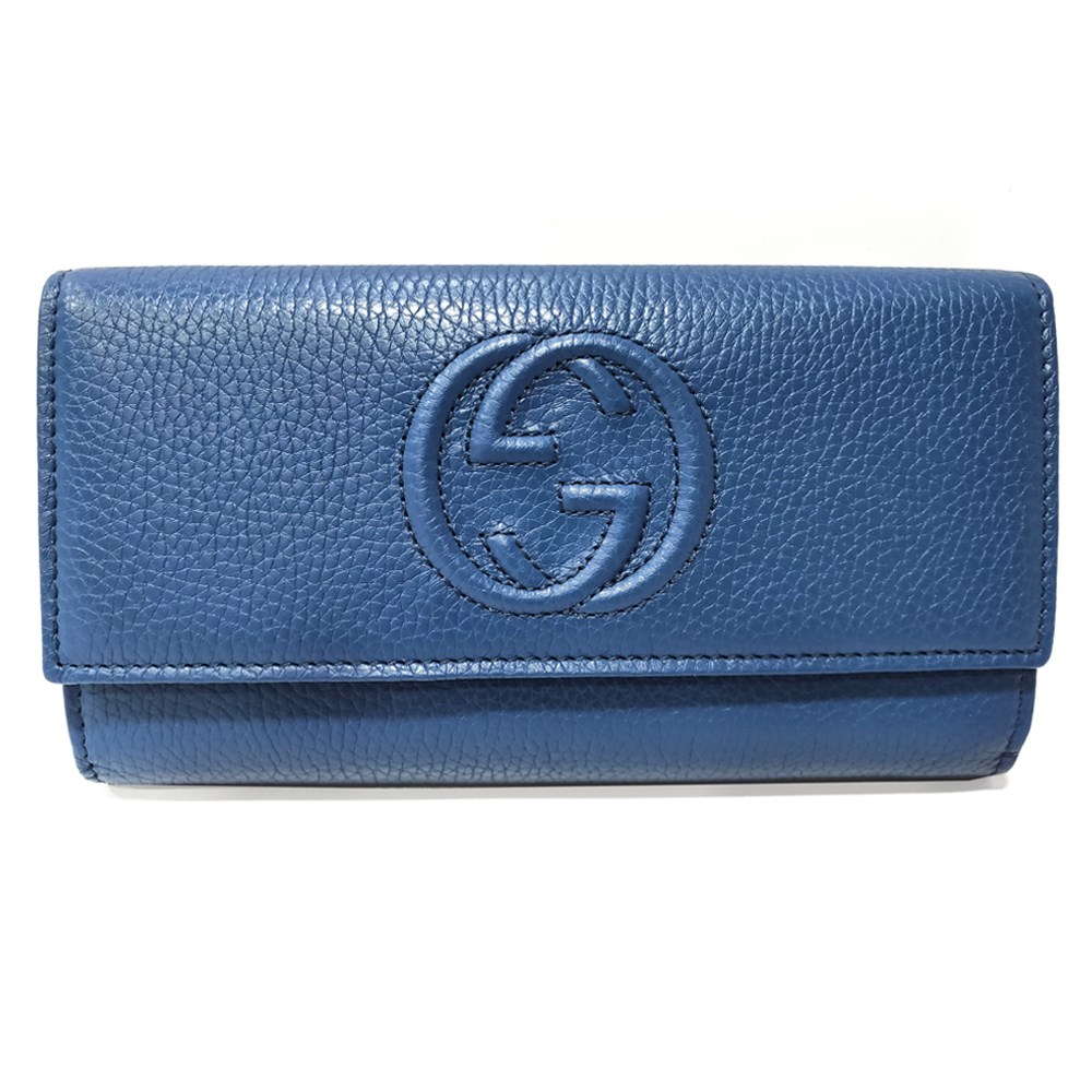 【GUCCI 】598206 經典雙G SOHO系列荔枝紋牛皮扣式翻蓋長夾(藍色)