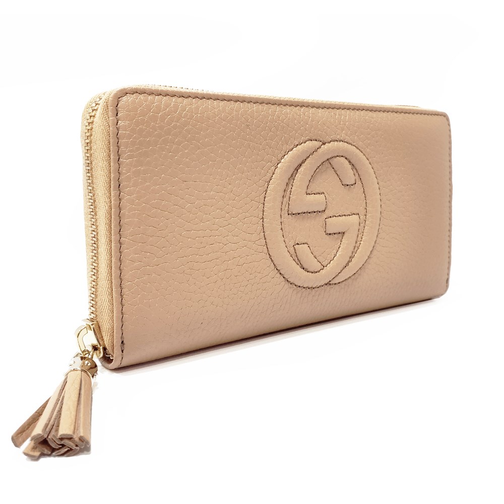 【GUCCI 】 598187 SOHO 大雙G LOGO小牛皮拉鍊長夾(膚色)