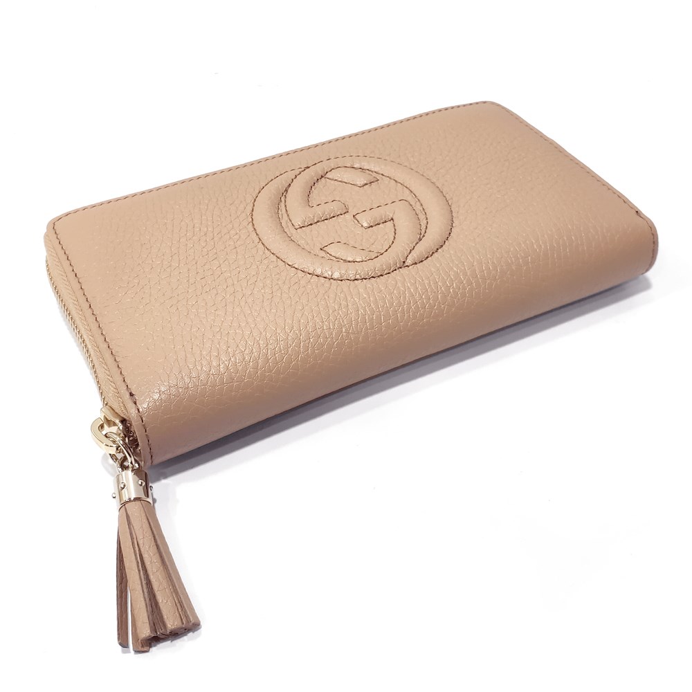 【GUCCI 】 598187 SOHO 大雙G LOGO小牛皮拉鍊長夾(膚色)