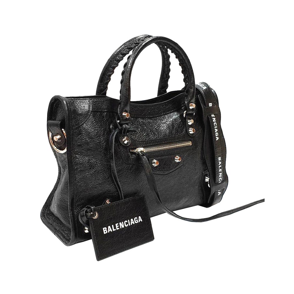 【Balenciaga 】300295 Mini City亮銀釦羊皮機車包(黑色)