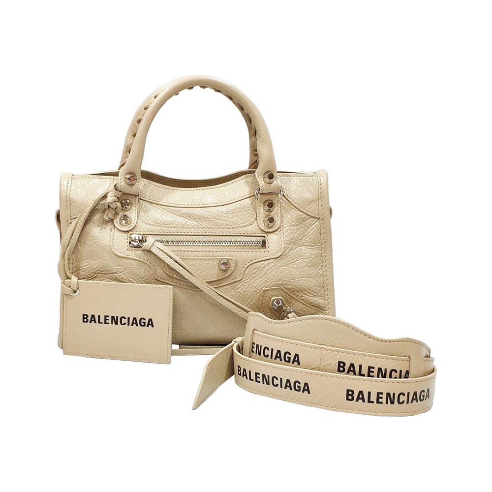 【Balenciaga 】300295 Mini City亮銀釦羊皮機車包(米色)