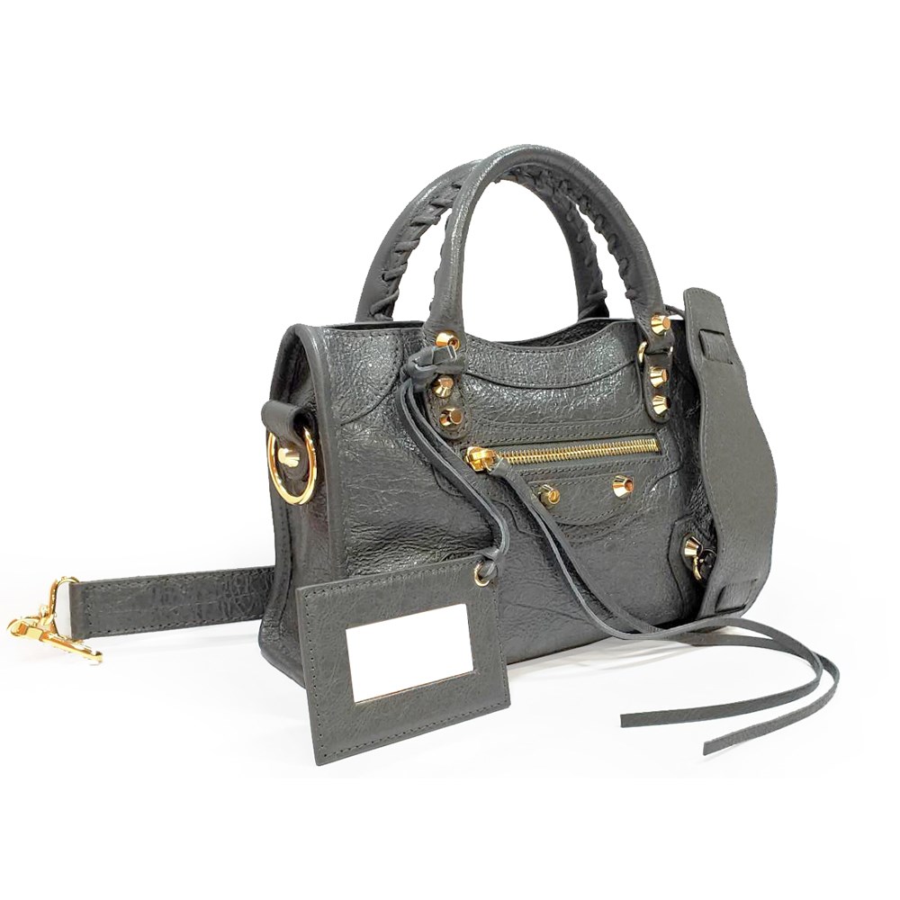 【Balenciaga 】300295 Mini City亮銀釦羊皮機車包(深灰金扣)
