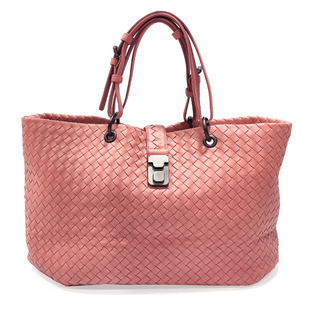 【BOTTEGA VENETA 】297983 經典編織羊皮壓扣羅馬手提包(玫瑰粉)