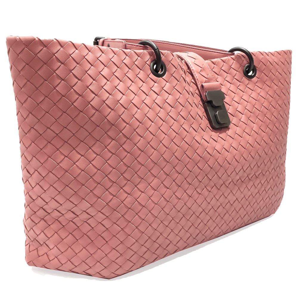【BOTTEGA VENETA 】297983 經典編織羊皮壓扣羅馬手提包(玫瑰粉)