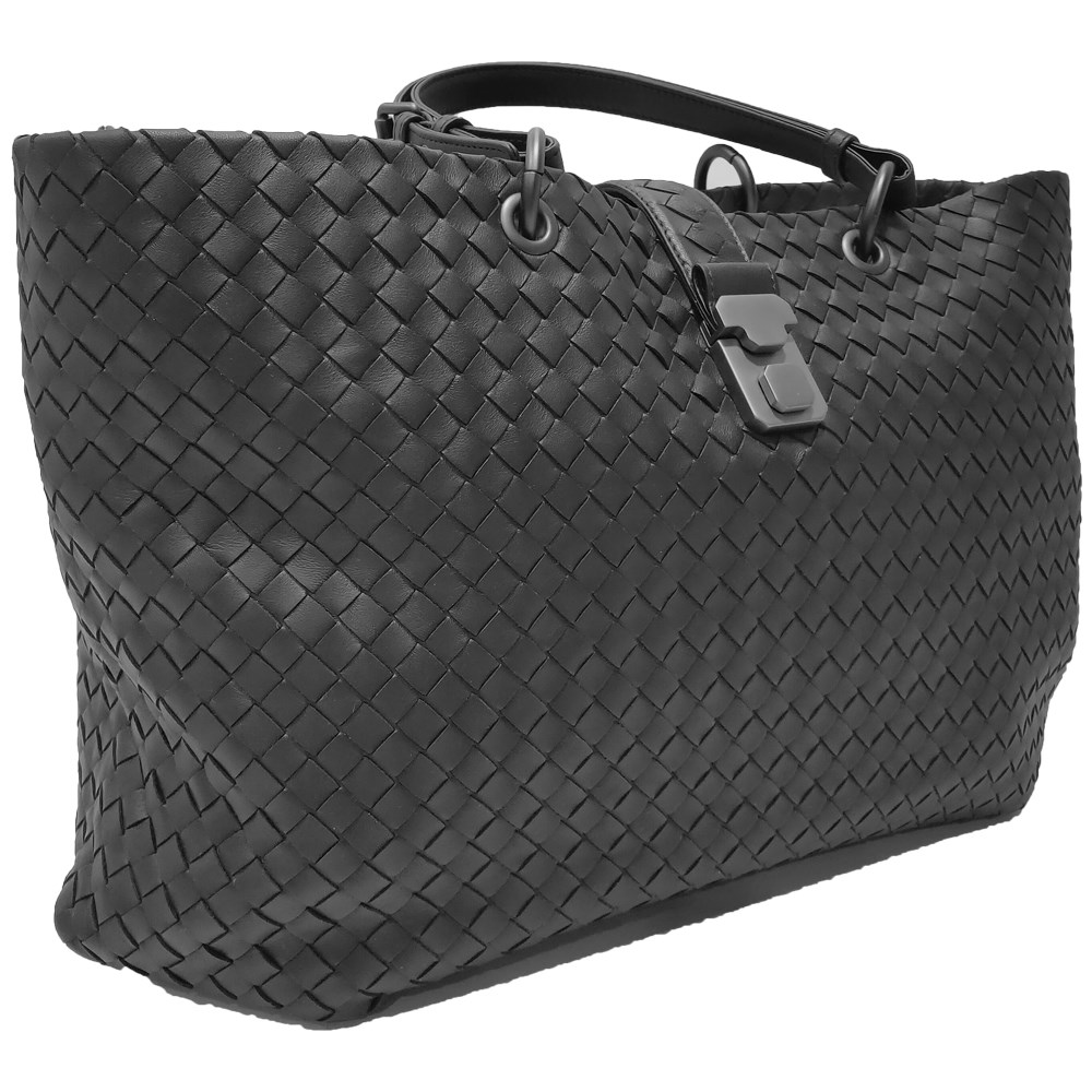 【BOTTEGA VENETA 】297983 經典編織羊皮壓扣羅馬手提包(黑色)