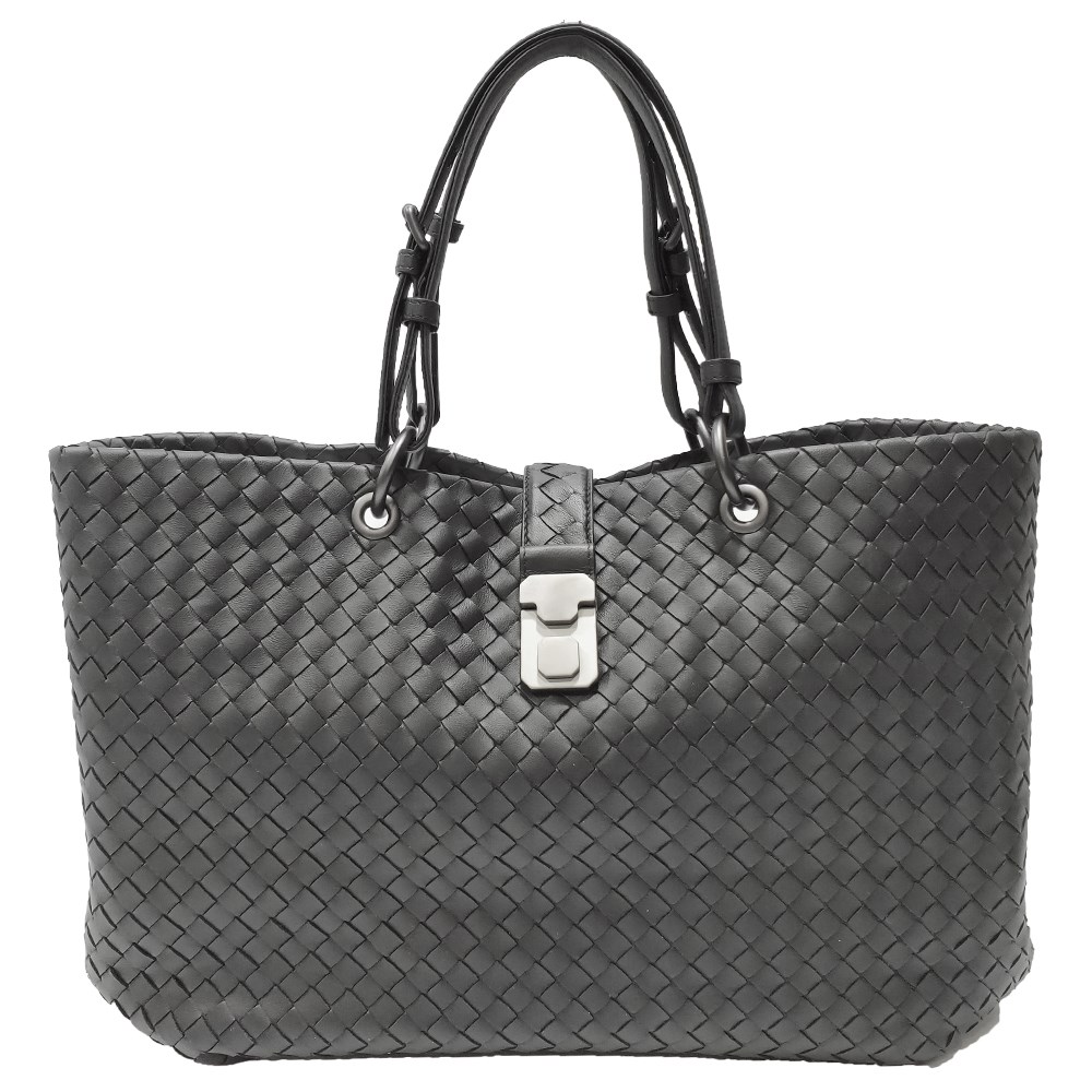 【BOTTEGA VENETA 】297983 經典編織羊皮壓扣羅馬手提包(黑色)