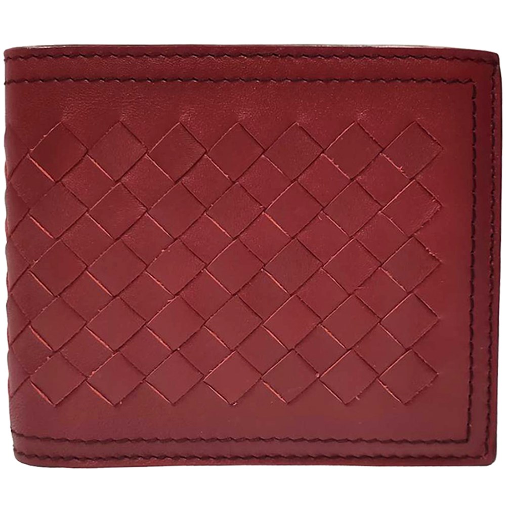 【BOTTEGA VENETA 】113993 經典編織小羊皮雙線中性短夾(紅色-8卡)