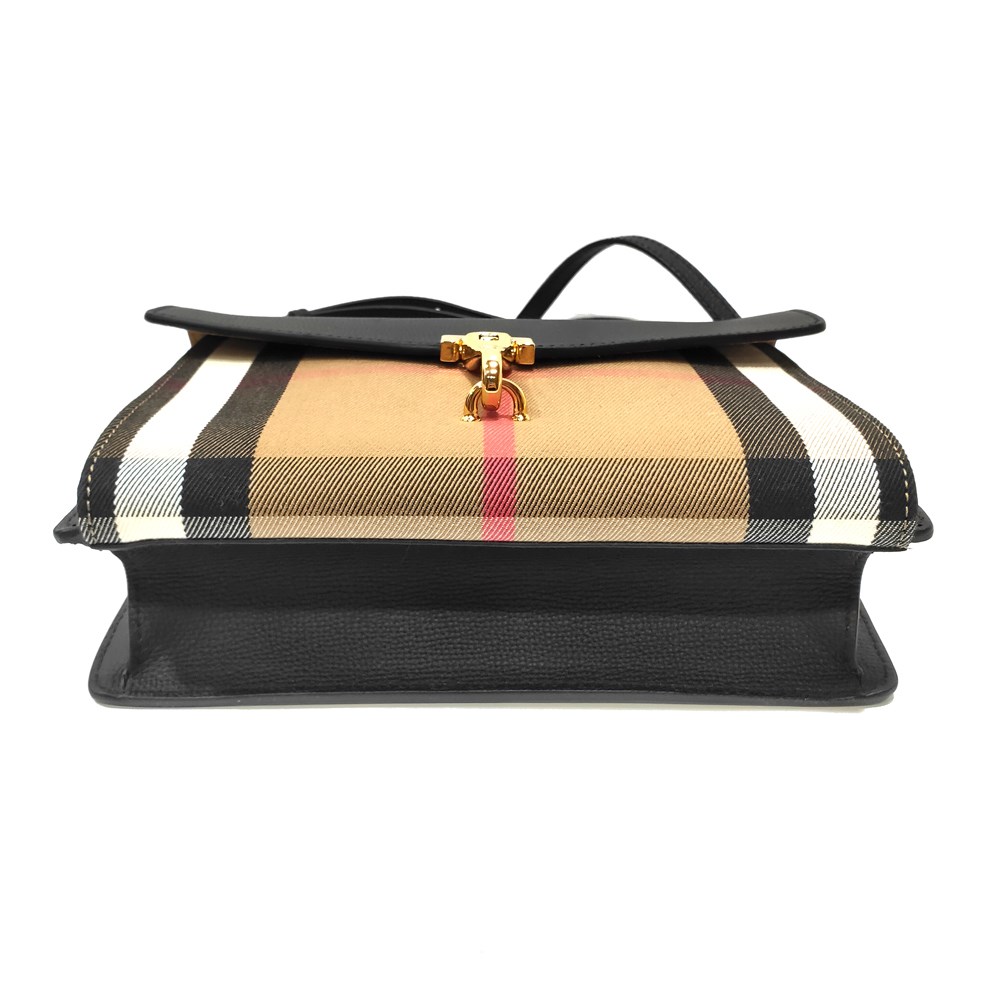 【BURBERRY 】80656901/80803211經典Small Macken系列格紋棉麻拼色肩背/斜背郵差包(黑色)