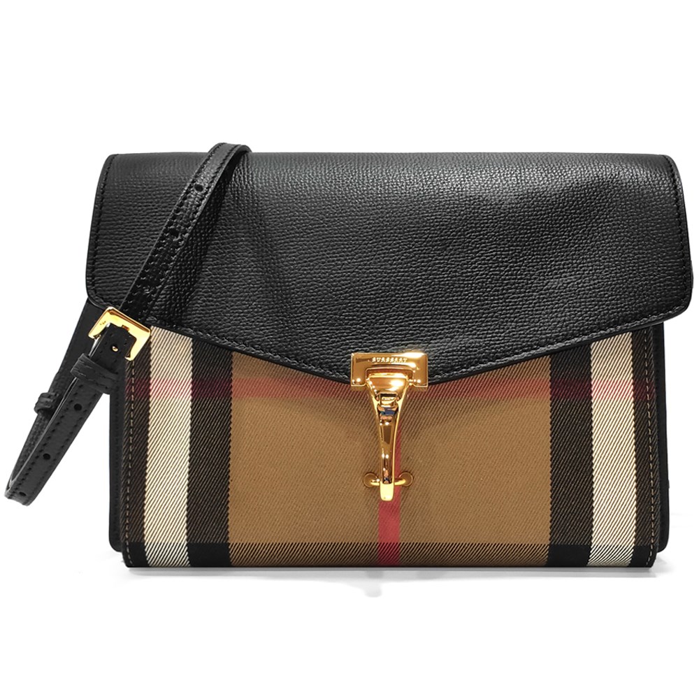 【BURBERRY 】80656901/80803211經典Small Macken系列格紋棉麻拼色肩背/斜背郵差包(黑色)