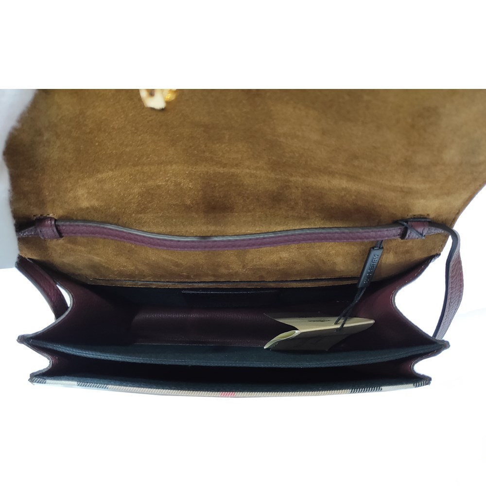 【BURBERRY 】39808281 經典HOUSE系列格紋棉麻拼色肩背/斜背包(酒紅色)