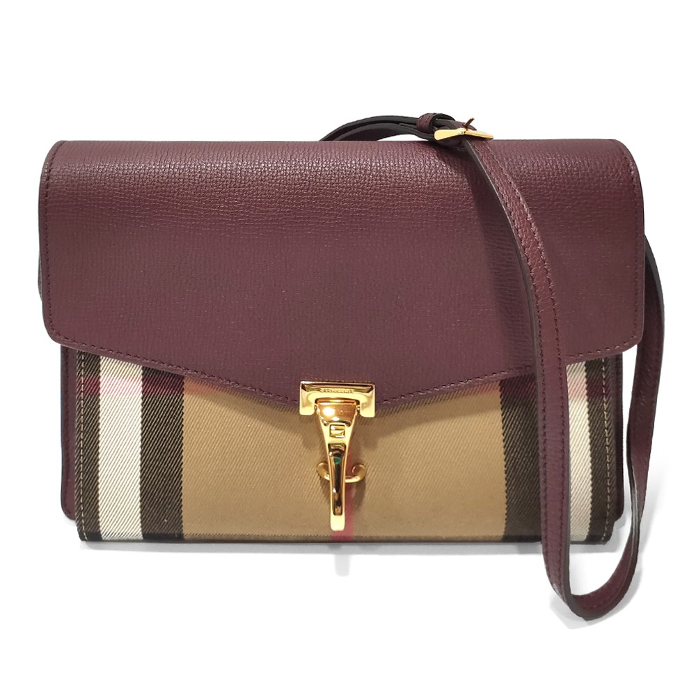 【BURBERRY 】39808281 經典HOUSE系列格紋棉麻拼色肩背/斜背包(酒紅色)