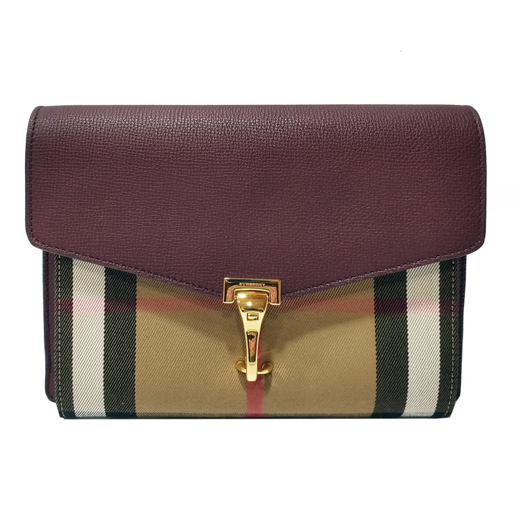 【BURBERRY 】39808281 經典HOUSE系列格紋棉麻拼色肩背/斜背包(酒紅色)