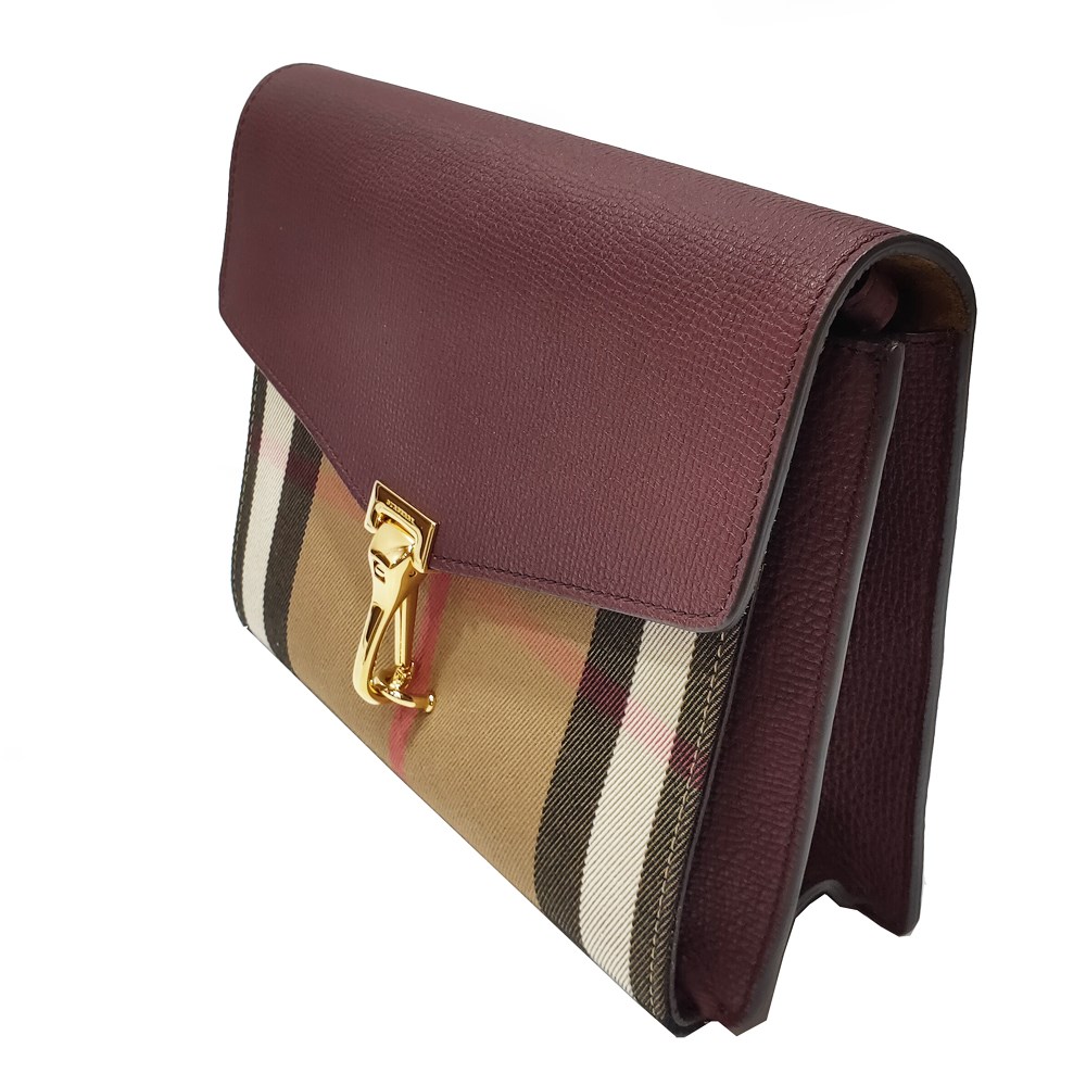 【BURBERRY 】39808281 經典HOUSE系列格紋棉麻拼色肩背/斜背包(酒紅色)