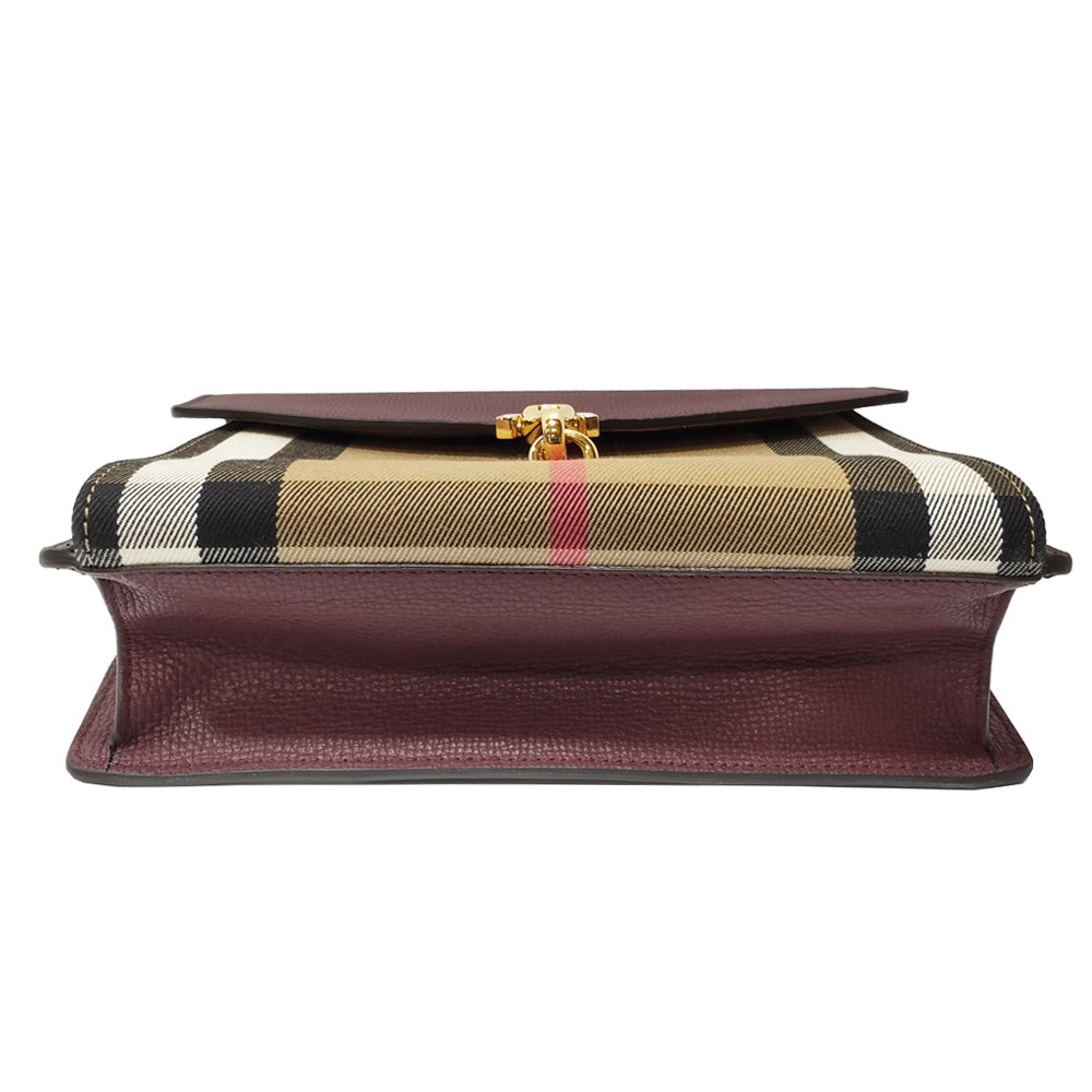 【BURBERRY 】39808281 經典HOUSE系列格紋棉麻拼色肩背/斜背包(酒紅色)